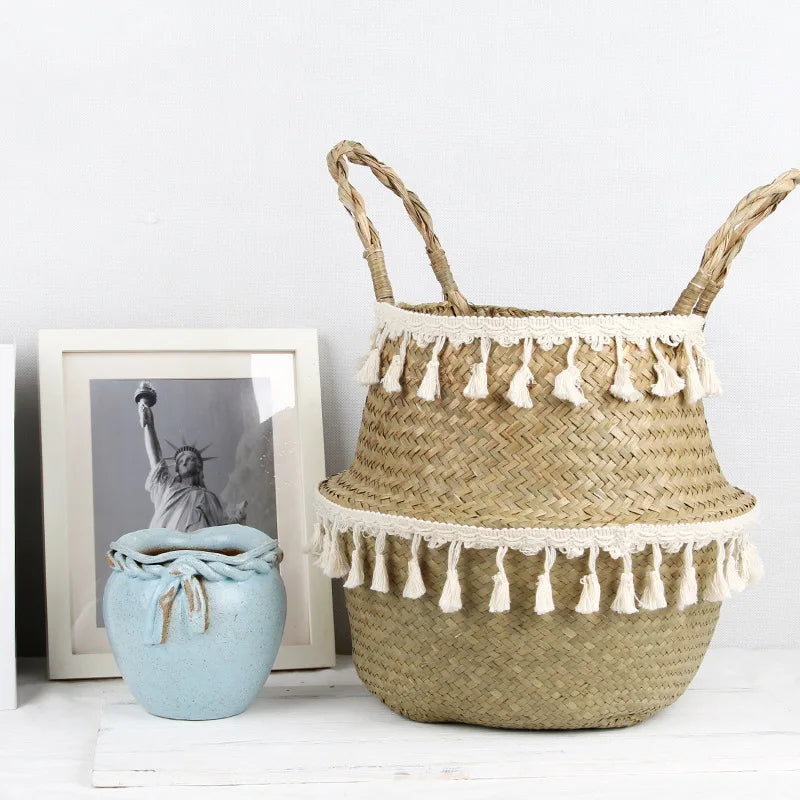 Boho Rattankorb, faltbar, mit Griff - Badeno
